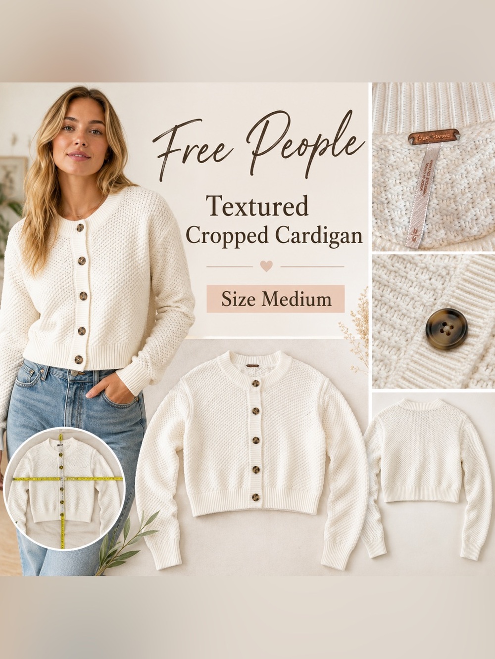 Free People White Textured Cropped Cardigan Sweater Women’s Size Medium